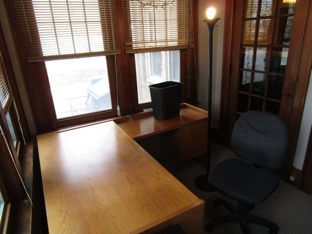 lot 114 image: DESK WITH RETURN, CHAIR AND LAMP