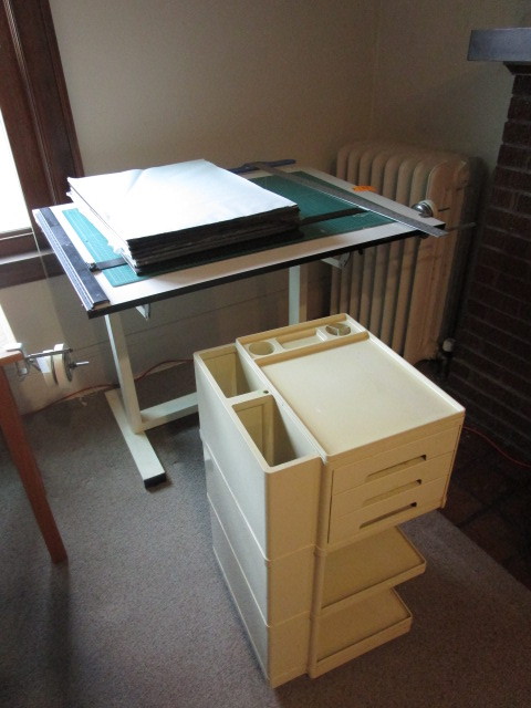 lot 135 image: DRAFTING TABLE WITH TABORET AND SUPPLIES