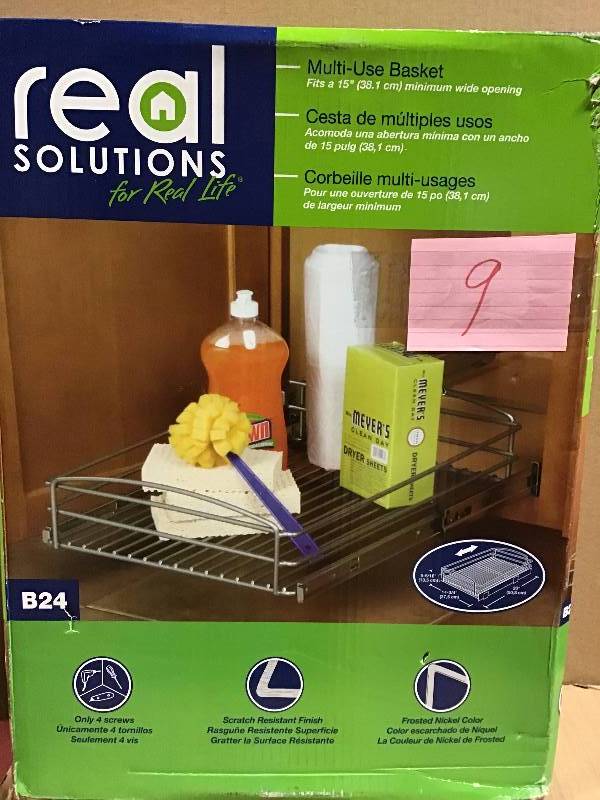lot 9 image: Real Solutions for Real Life 5 in. H x 15 in. W x 20 in. D Multi-Use Pull-Out Basket Cabinet Organizer in Silver  open box in like new condition