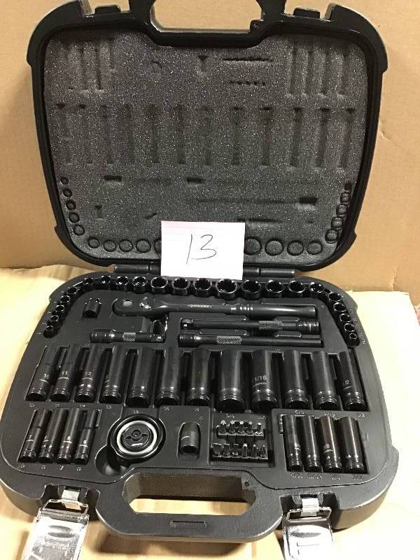 lot 13 image: Husky 38 in. Drive 100-Position Universal SAE and Metric Mechanics Tool Set (60-Piece)  open box in like new condition