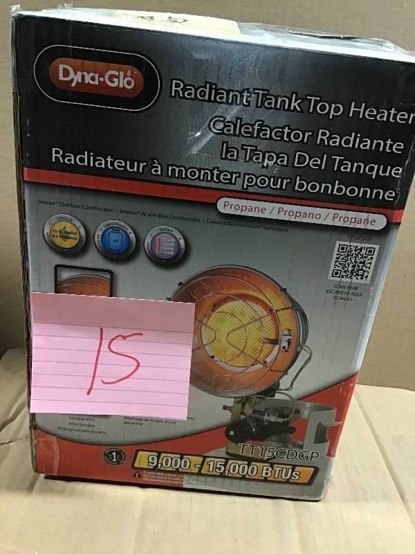 lot 15 image: Dyna-Glo 15K LP Single Tank Top Infrared Heater - USED in good condition