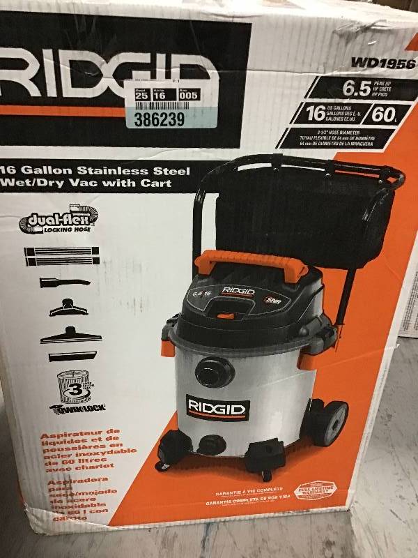 lot 23 image: RIDGID 16 Gal. 6.5-Peak HP Stainless Steel Wet Dry Vac in good condition