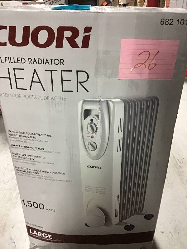 lot 26 image: 1500-Watt Electric Oil-Filled Radiant Portable Heater - Grey  open box in like new condition