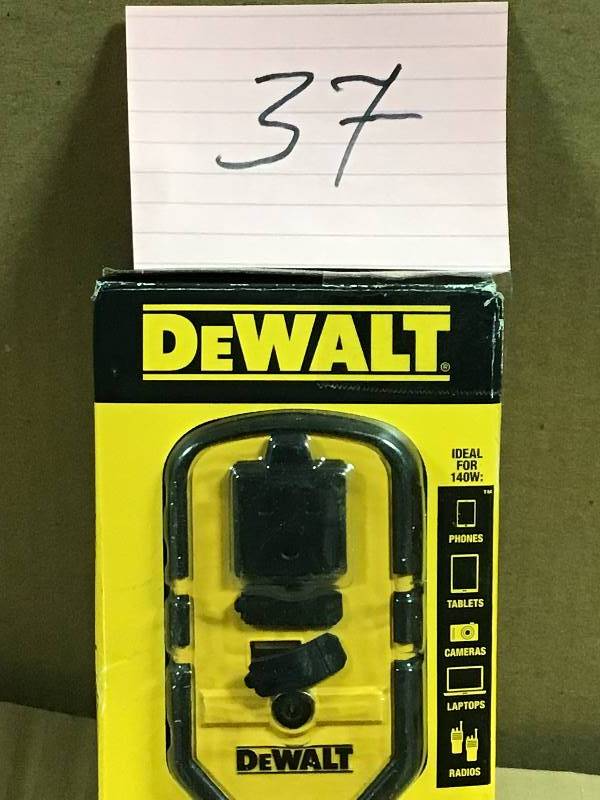 lot 37 image: DEWALT 140-Watt Power Inverter with Dual USB Ports  open box in like new condition
