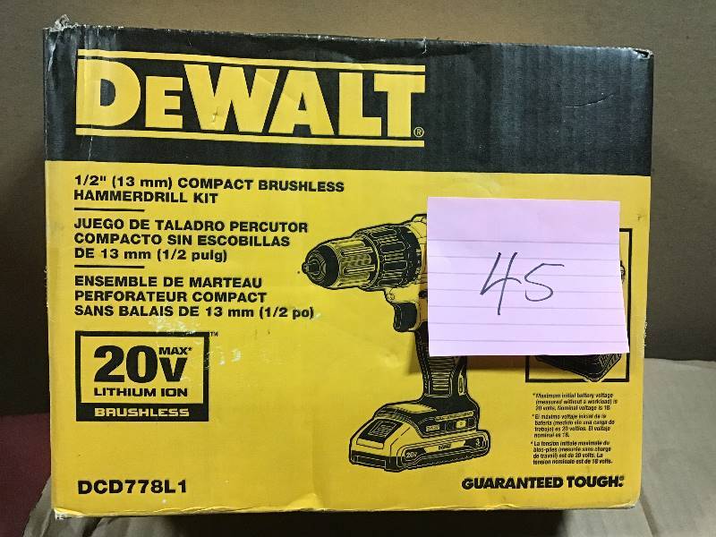 lot 45 image: DEWALT 20-Volt MAX Lithium-Ion Cordless Brushless 12 in. Compact Hammer Drill w (1) Battery 3.0Ah, Charger & Tool Bag in very good condition