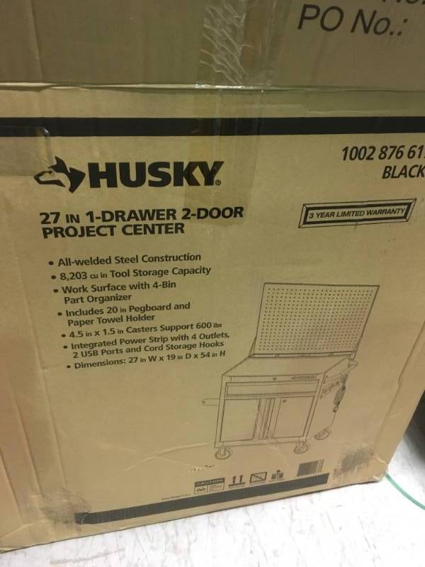 Husky 27 in. W 19 in. D 1-Drawer 2-Door Rolling Tool Cabinet with Flip-Up Pegboard in Black  in like new condition