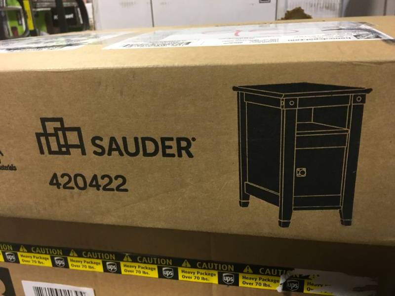 SAUDER Carson Forge Coffee Oak Storage Side Table in like new condition