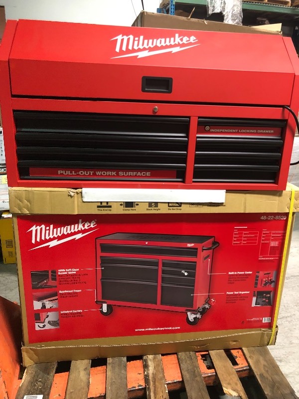 Milwaukee  46 in. 16-Drawer Steel Tool Chest and Rolling Cabinet Set, Textured Red and Black Matte in good conditions
