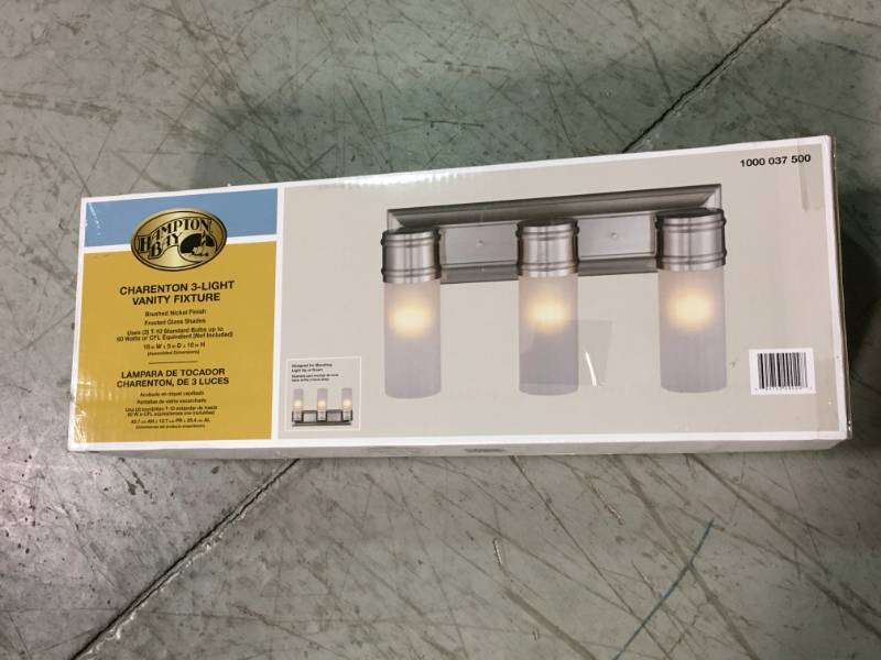 lot 8 image: 3-Light Brushed Nickel Wall Vanity Fixture not used