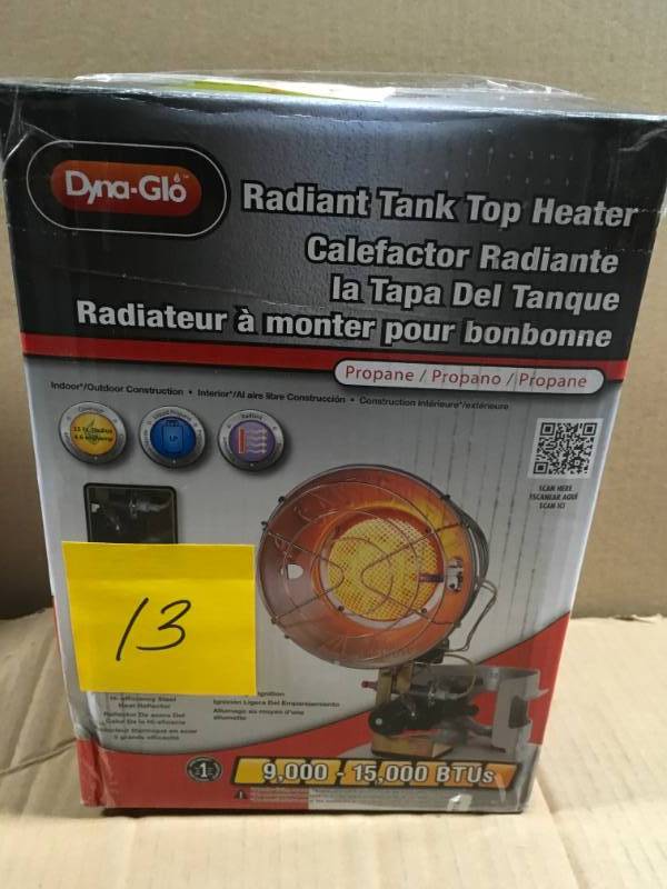 lot 13 image: Dyna-Glo Single Burner 15,000 BTU Radiant Tank Top Propane Portable Heater in like new condition