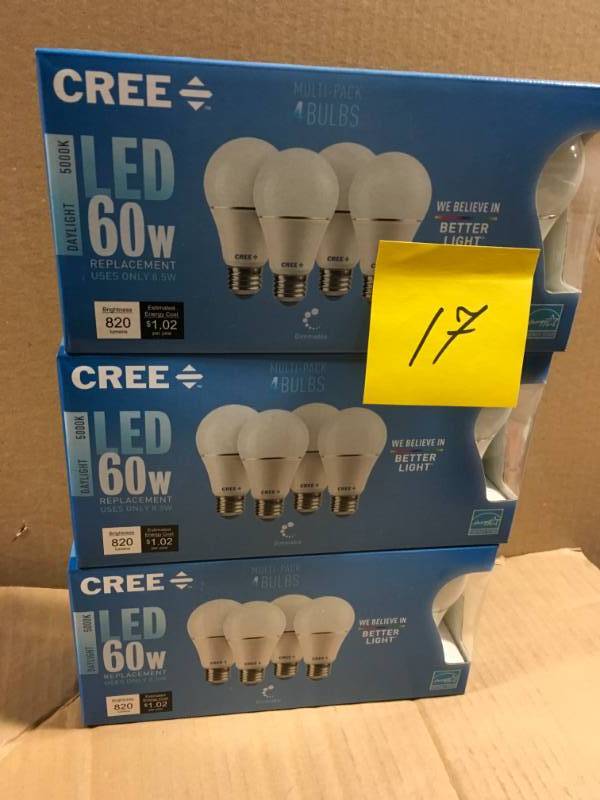 lot 17 image: Cree 60W Equivalent Daylight (5000K) A19 Dimmable LED Light Bulb (4-Pack) QTY 3 not used