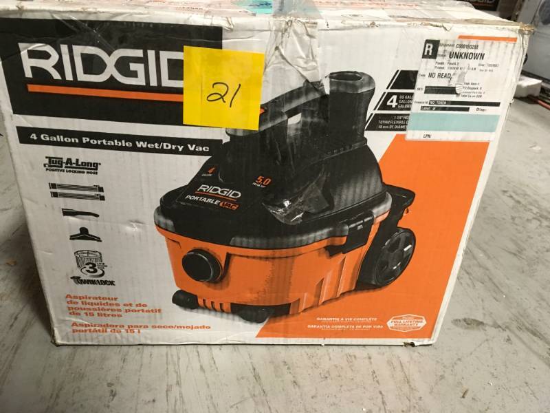lot 21 image: RIDGID 4 Gal. 5.0-Peak HP Portable WetDry Vacuum USED in good condition