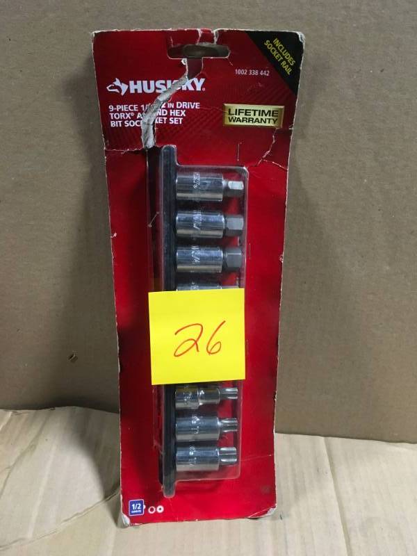lot 26 image: Husky 12 in. Drive Torx and Hex Bit Socket Set (9-Piece) in like new condition