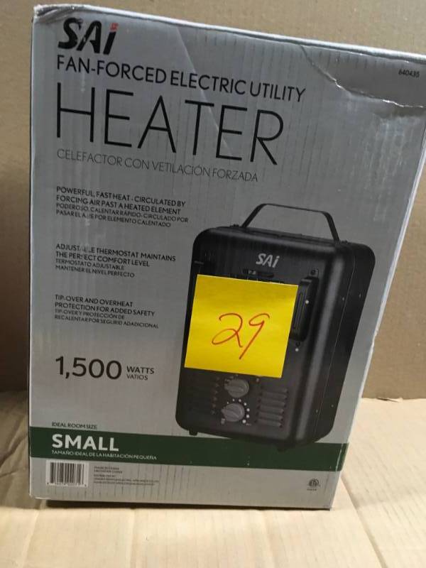 lot 29 image: 1,500-Walt Utility Milkhouse Fan-Forced Portable Heater with Thermostat in like new condition