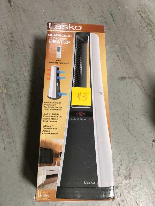 lot 43 image: Lasko Bladeless Ceramic Heater with Remote Control in like new condition