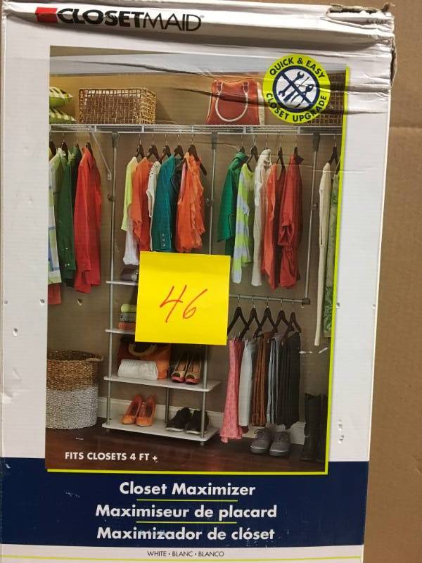 lot 46 image: ClosetMaid 4 ft. - 8 ft. 11.6 in. D x 42 in. W x 66 in. H Laminate Closet System Maximizer in White not used