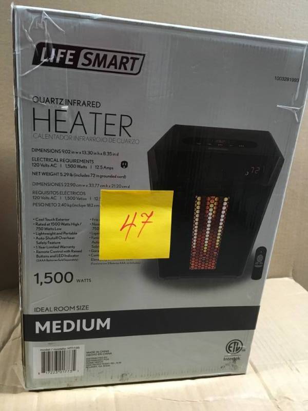 lot 47 image: Lifesmart 4-Element Quartz Infrared Portable Electric Room Heater not used