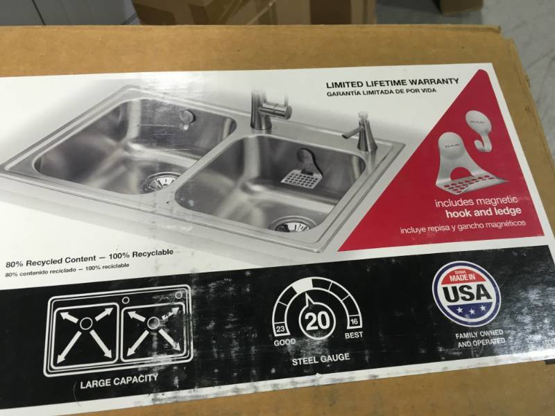 lot 70 image: Elkay Magna Drop-In Stainless Steel 33 in. 2-Hole Double Bowl Kitchen Sink in like new condition