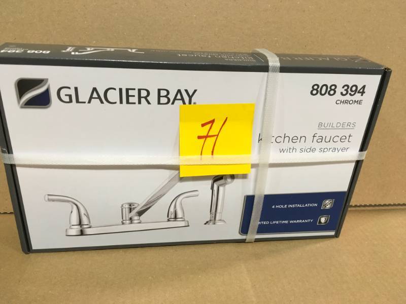 lot 71 image: Glacier Bay Builders 2-Handle Standard Kitchen Faucet with Side Sprayer and Deck Plate in Chrome in like new condition