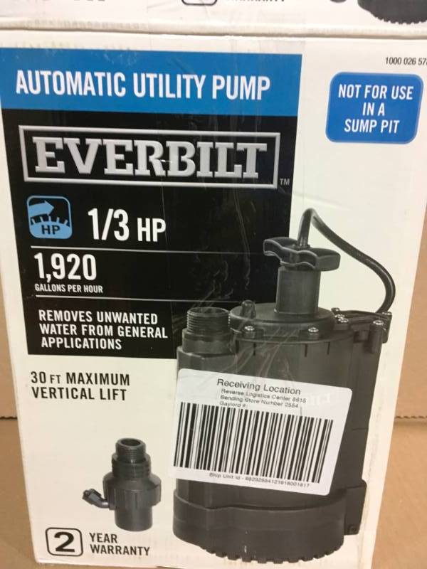 lot 76 image: Everbilt 13 HP Automatic Utility Pump in like new condition