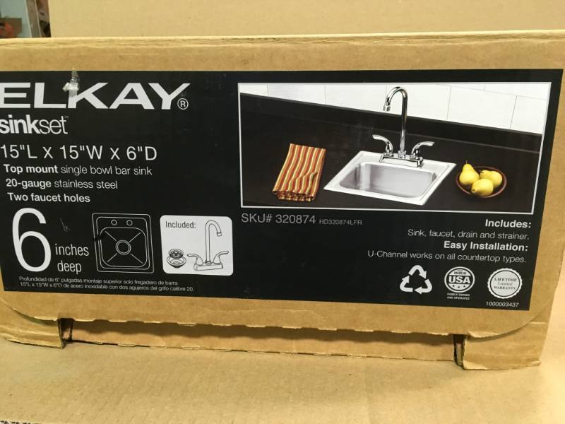 lot 78 image: Elkay All-in-One Drop-in Stainless Steel 15 in. 2-Hole Single Bowl Bar Sink in like new condition