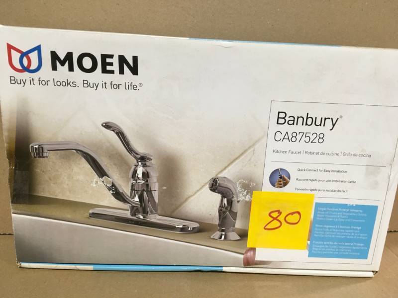 lot 80 image: MOEN Banbury Single-Handle Standard Kitchen Faucet with Side Sprayer in Chrome in like new condition