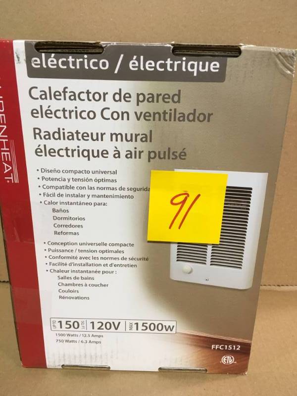 lot 91 image: Fahrenheat 1,500-Watt Small Room Wall Heater in like new condition