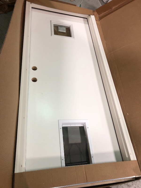 lot 107 image: MMI Door  32 in. x 80 in. Classic Right-Hand Inswing 14-Lite Clear Primed Fiberglass Smooth Prehung Front Door with Pet Door New retail $ 635