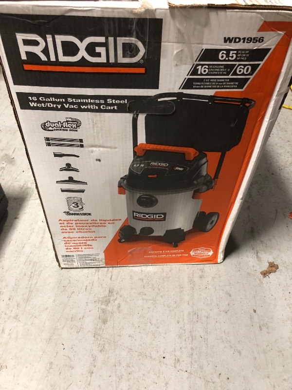 lot 110 image: RIDGID  16 Gal. 6.5-Peak HP Stainless Steel Wet Dry Vac IN WORKING CONDITIONS