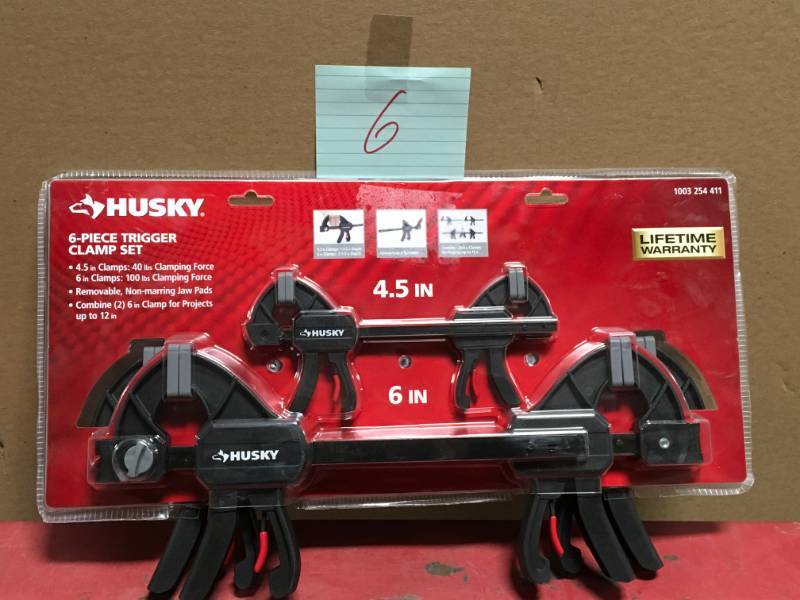lot 6 image: Husky 6 in. and 4.5 in. Trigger Clamp Set (6-Piece) in like new condition