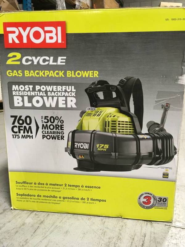lot 17 image: Ryobi 2 Cycle Gas Backpack Blower open box in like new condition