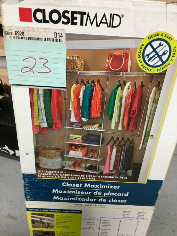 lot 23 image: ClosetMaid 4 ft. - 8 ft. 11.6 in. D x 42 in. W x 66 in. H Laminate Closet System Maximizer in White not used