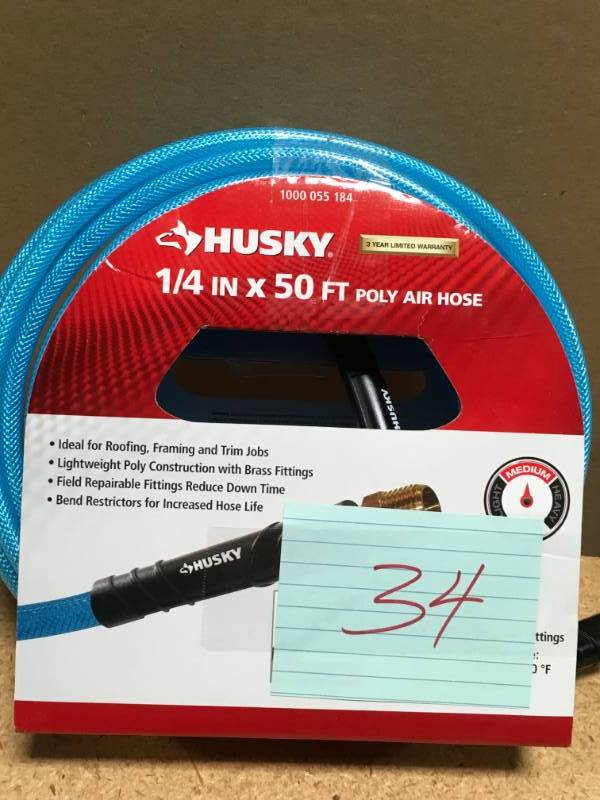 lot 34 image: Husky 14 in. x 50 ft. Polyurethane Air Hose in like new condition