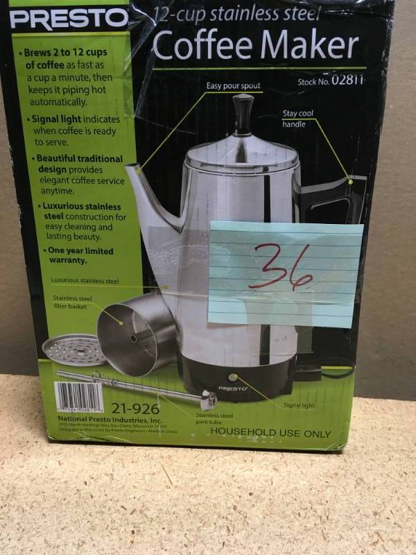 lot 36 image: Presto 12-Cup Percolator in like new condition