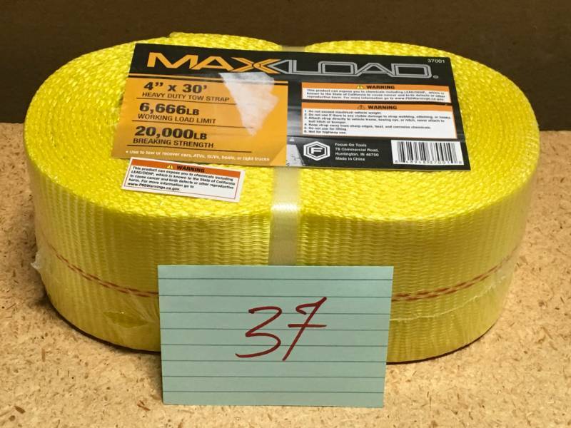 lot 37 image: Max Load 4 in. x 30 ft. x 20,000 lbs. Vehicle Recovery Tow Strap in like new condition