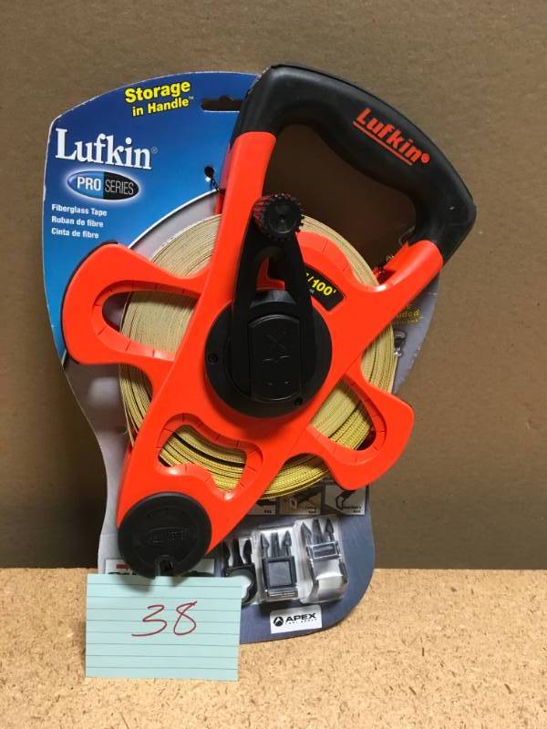 lot 38 image: Lufkin 34 in. x 100 ft. Pro Series Fiberglass Tape Measure in like new condition