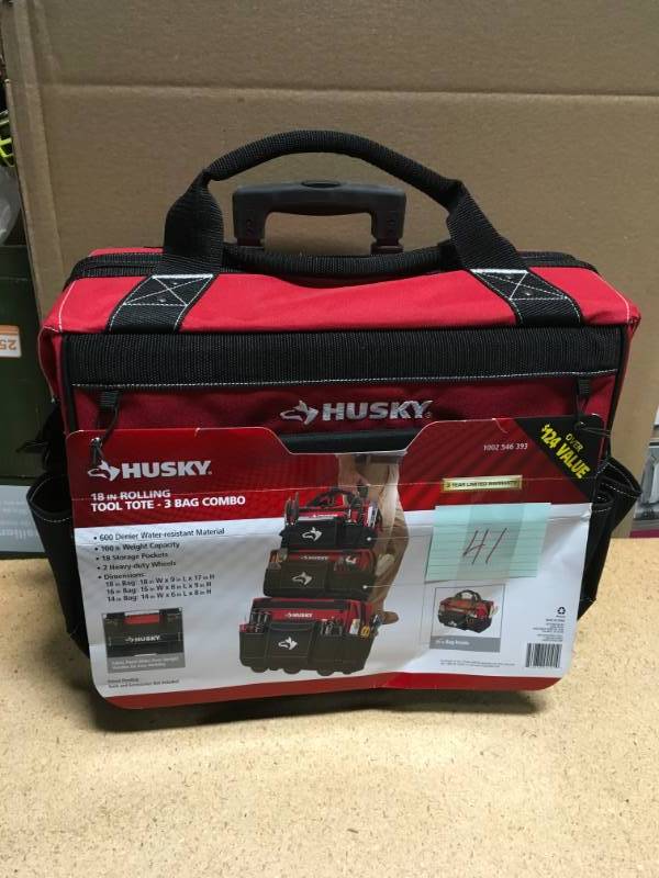 lot 41 image: Husky 18 in. Rolling Tool Tote Bag Combo in like new condition