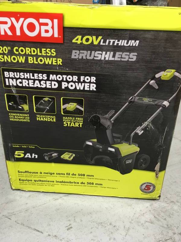 lot 45 image: Ryobi 20 in. 40-Volt Brushless Cordless Electric Snow Blower with 5.0 Ah Battery and Charger Included in like new condition