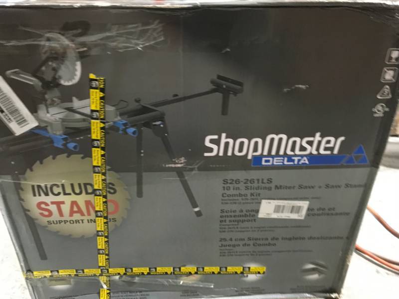 lot 54 image: Shopmaster 10-in 15-Amp Single Bevel Sliding Laser Compound Miter Saw with Stand not used