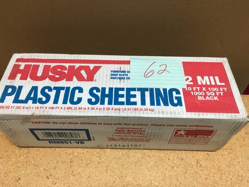 lot 62 image: HUSKY 10 ft. x 100 ft. Black 2 mil Plastic Sheeting not used