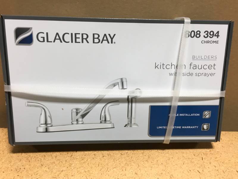 lot 64 image: Glacier Bay Builders 2-Handle Standard Kitchen Faucet with Side Sprayer and Deck Plate in Chrome in like new condition