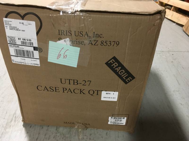 lot 66 image: IRIS 27 Gal. Storage Tote in Black with Red Lid (4-Pack) not used