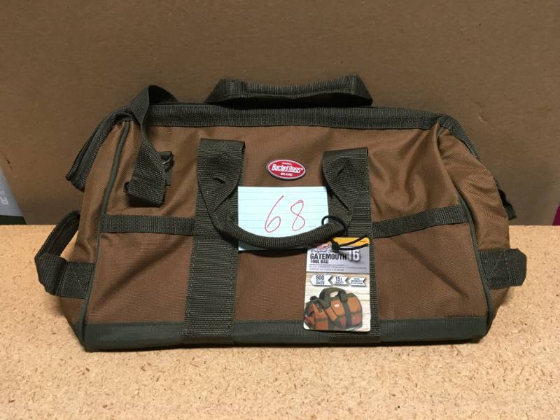 lot 68 image: Bucket Boss Gatemouth 16 in. Tool Bag in like new condition