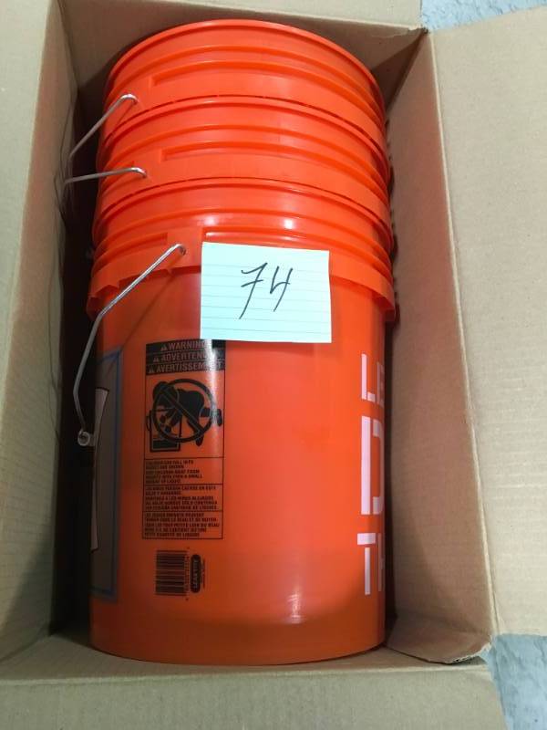 lot 74 image: The Home Depot 5 Gal. Homer Bucket QTY 3 not used