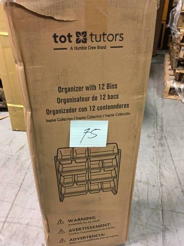 lot 75 image: Tot Tutors Inspire Collection GreyWhite Kids Wood Toy Storage Organizer with 12-Plastic Bins not used