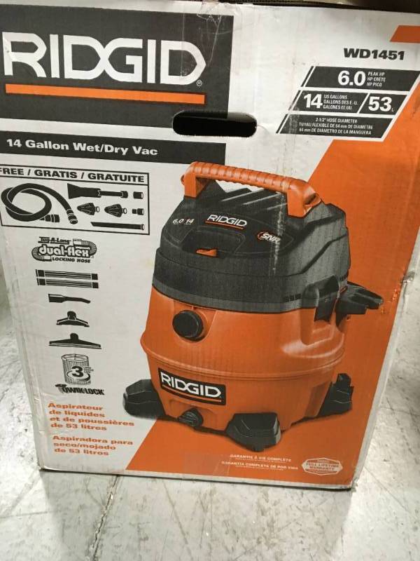 lot 87 image: RIDGID 14 Gal. 6.0-Peak HP Wet Dry Vac with Auto Detail Kit in very good condition