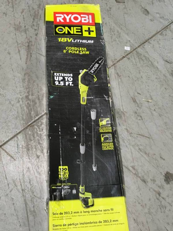 lot 99 image: RYOBI ONE 8 in. 18-Volt Lithium-Ion Cordless Pole Saw 1.3 Ah Battery and Charger Included in like new condition
