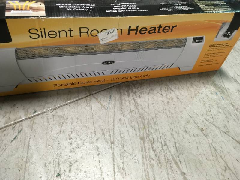 lot 100 image: Lasko 1,500-Watt Low Profile Silent Room Heater with Digital Display, White in like new condition