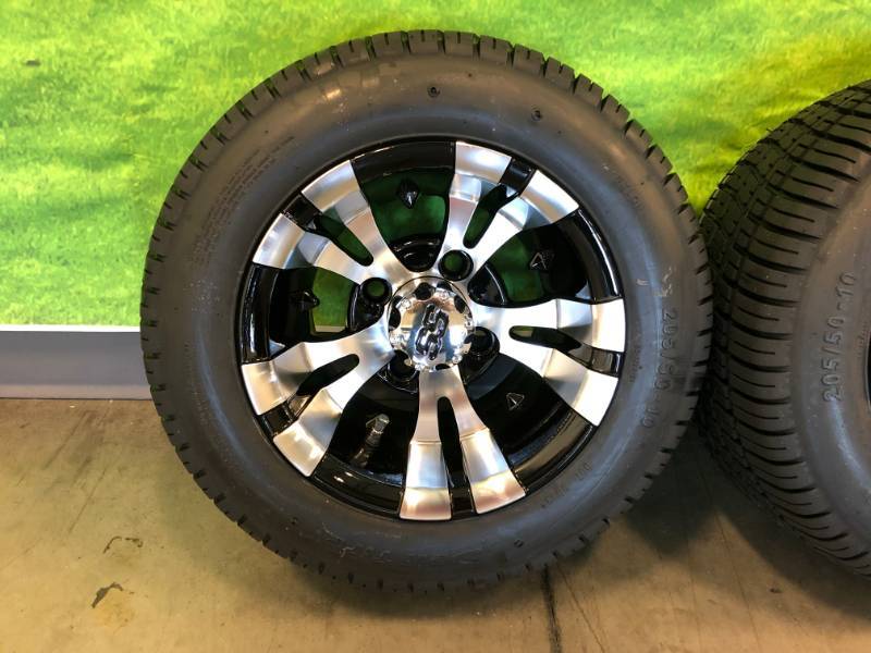 Set of 4 NEW Aluminum and Black Custom Golf Cart Wheels and Tires