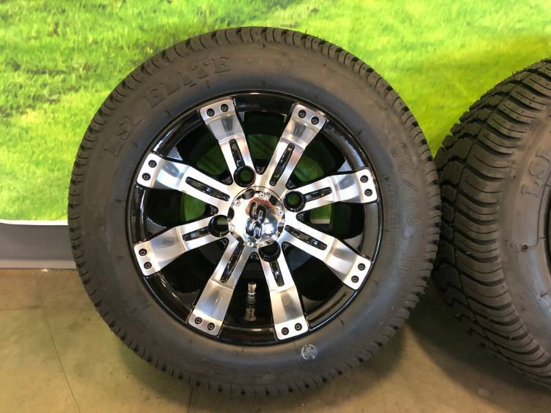 Set of 4 NEW Aluminum and Black Custom Golf Cart Wheels and Tires